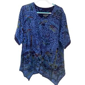 Spirit of Courage Nnamdi Ibenagu Size L Tunic Top Blue Batik Animals Asym Hem